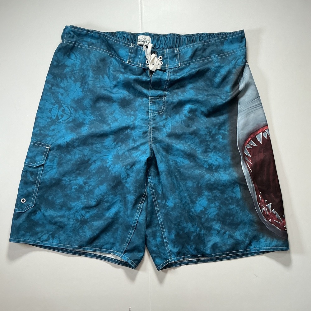 Y2K The Mountain Shark Baggy Board Shorts Blue Tie Dye Swim Trunks Surf Mens XL
